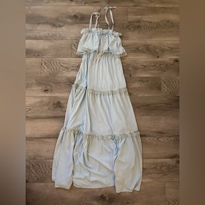 1970s Vintage Sweet Baby Blue Hippie Spaghetti Straps Tiered Dress Size Small